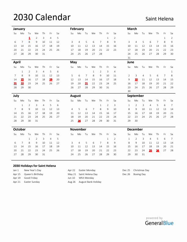 Standard Holiday Calendar for 2030 with Saint Helena Holidays