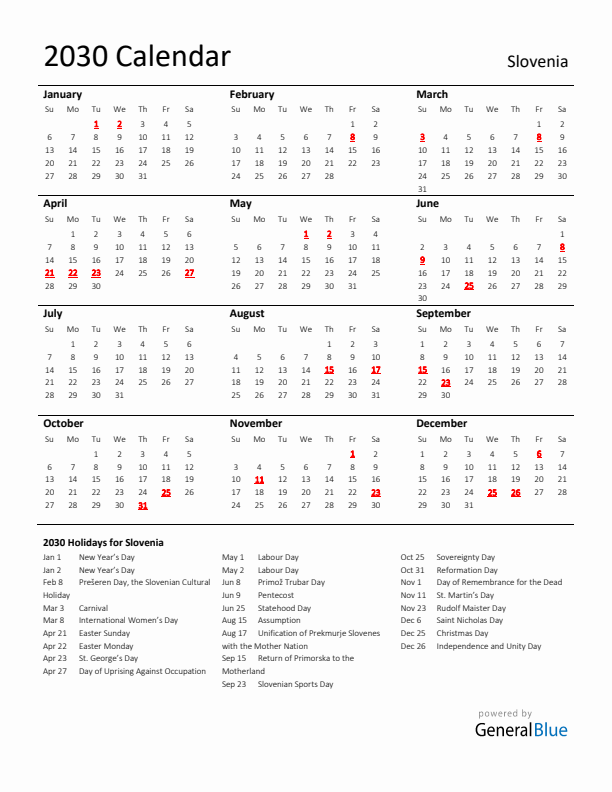 Standard Holiday Calendar for 2030 with Slovenia Holidays