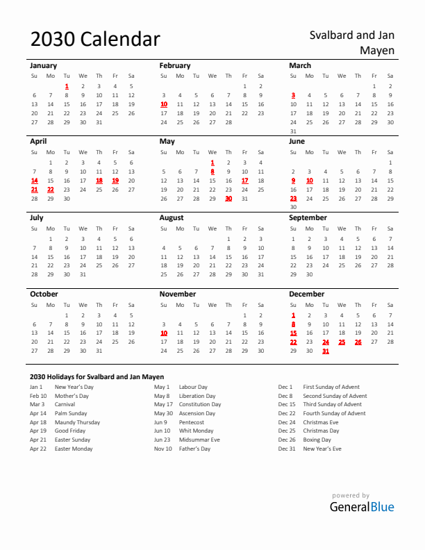 Standard Holiday Calendar for 2030 with Svalbard and Jan Mayen Holidays