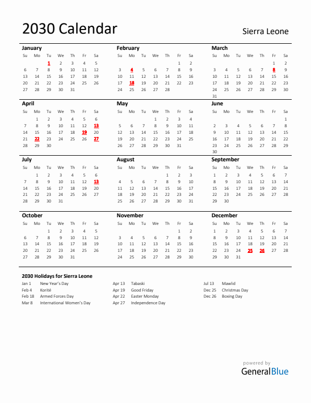Standard Holiday Calendar for 2030 with Sierra Leone Holidays 