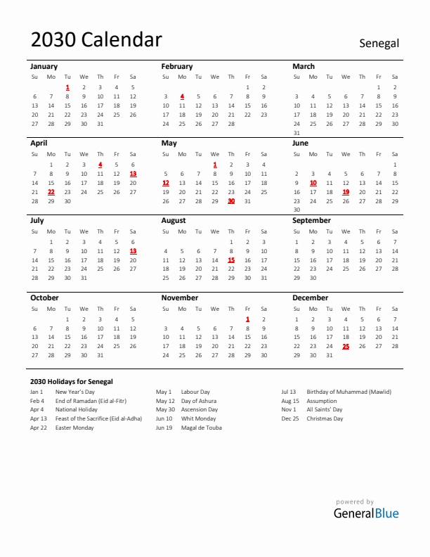 Standard Holiday Calendar for 2030 with Senegal Holidays 