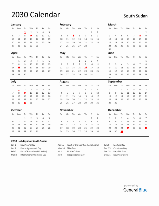 Standard Holiday Calendar for 2030 with South Sudan Holidays