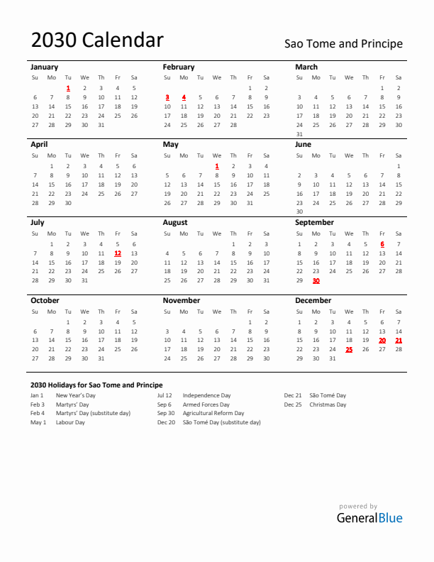 Standard Holiday Calendar for 2030 with Sao Tome and Principe Holidays 