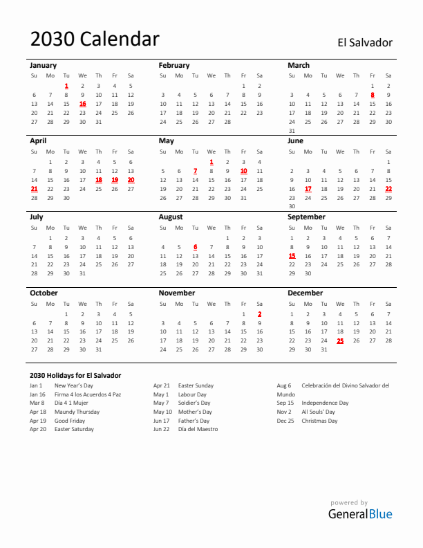 Standard Holiday Calendar for 2030 with El Salvador Holidays
