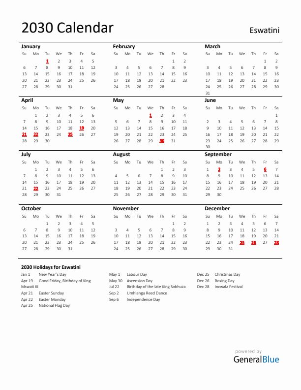 Standard Holiday Calendar for 2030 with Eswatini Holidays 