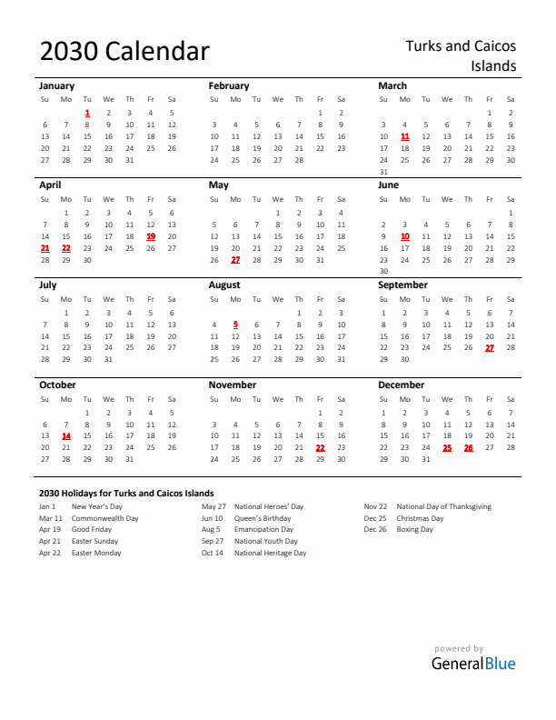 Standard Holiday Calendar for 2030 with Turks and Caicos Islands Holidays 
