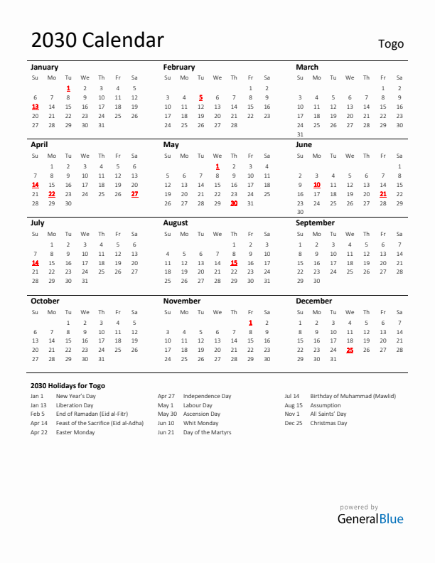 Standard Holiday Calendar for 2030 with Togo Holidays