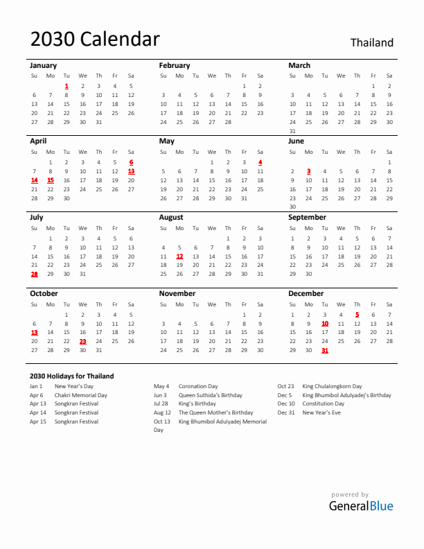Standard Holiday Calendar for 2030 with Thailand Holidays 