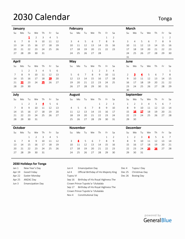 Standard Holiday Calendar for 2030 with Tonga Holidays 