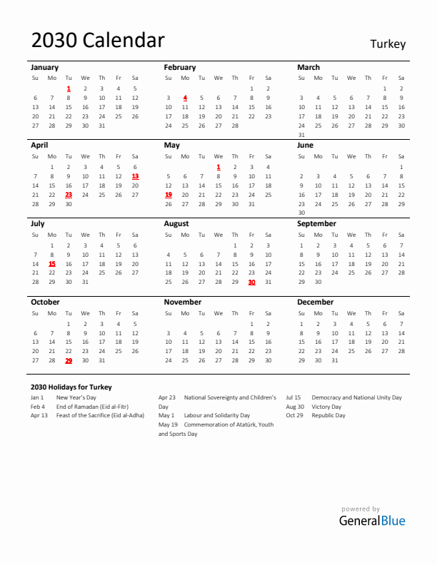 Standard Holiday Calendar for 2030 with Turkey Holidays