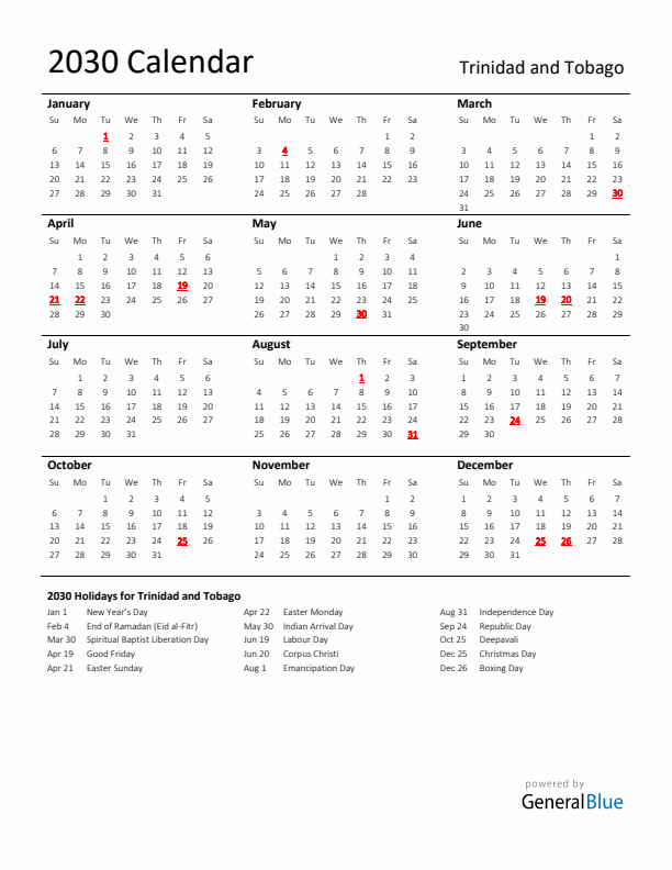 Standard Holiday Calendar for 2030 with Trinidad and Tobago Holidays 