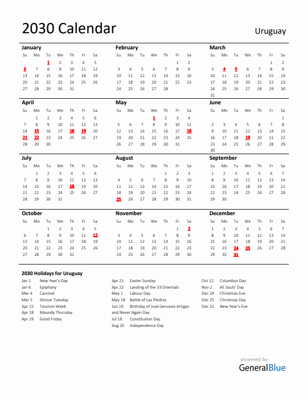 Standard Holiday Calendar for 2030 with Uruguay Holidays