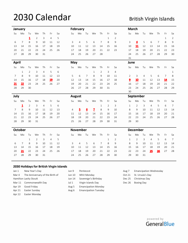 Standard Holiday Calendar for 2030 with British Virgin Islands Holidays 