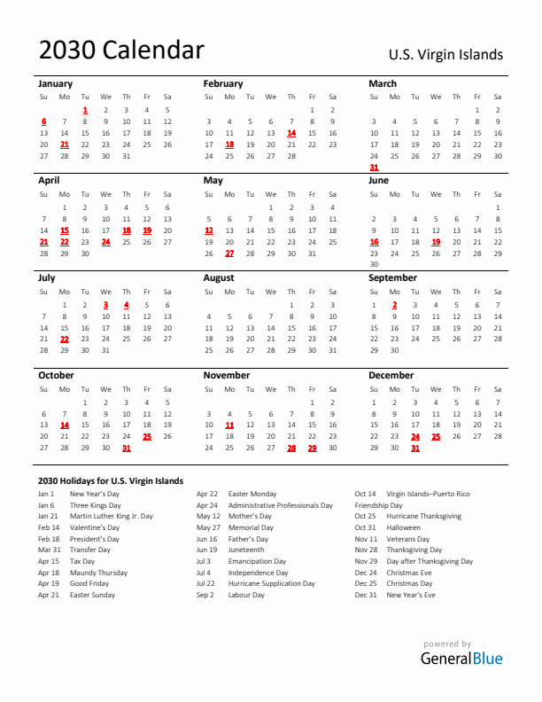 Standard Holiday Calendar for 2030 with U.S. Virgin Islands Holidays 