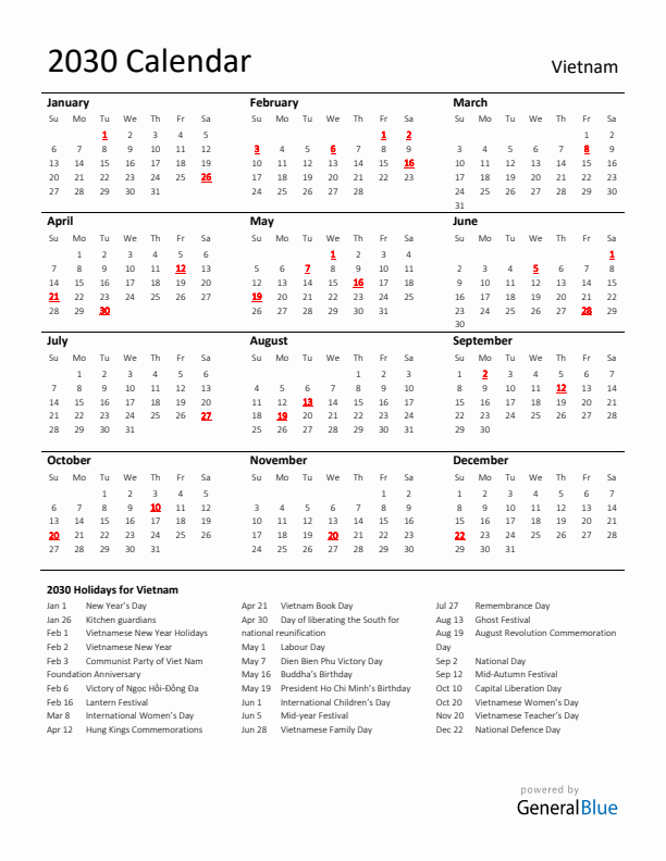 Standard Holiday Calendar for 2030 with Vietnam Holidays