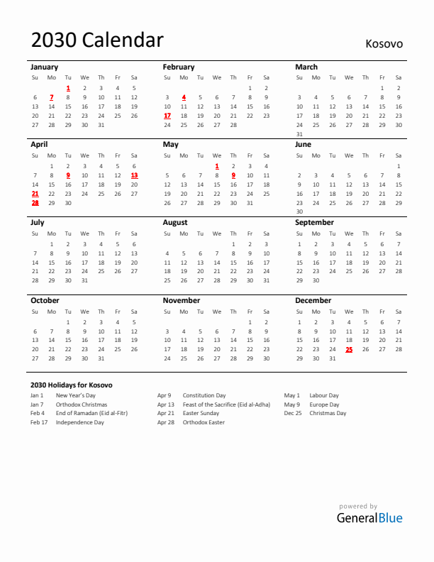 Standard Holiday Calendar for 2030 with Kosovo Holidays