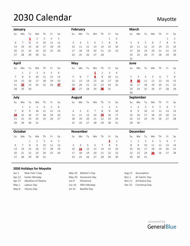 Standard Holiday Calendar for 2030 with Mayotte Holidays