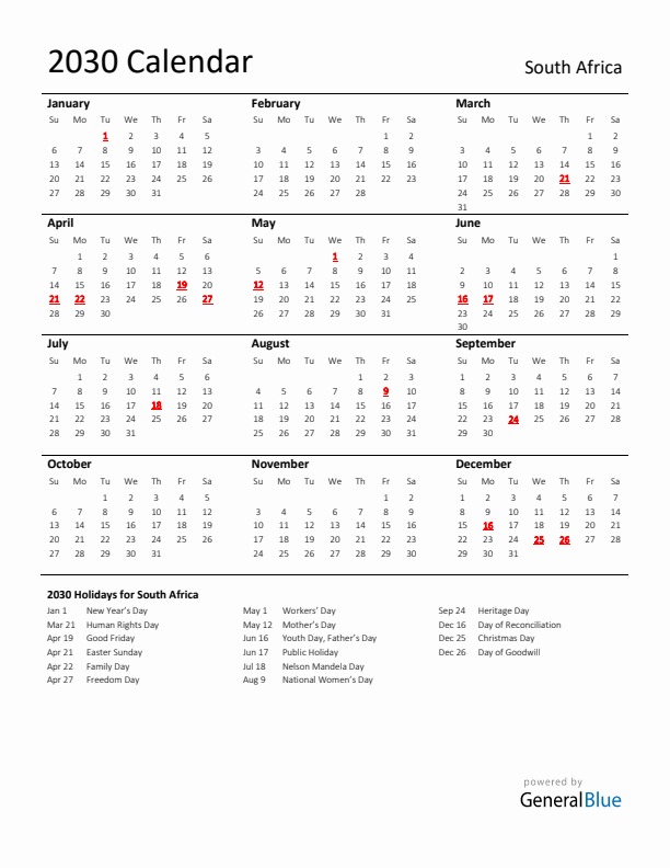 Standard Holiday Calendar for 2030 with South Africa Holidays