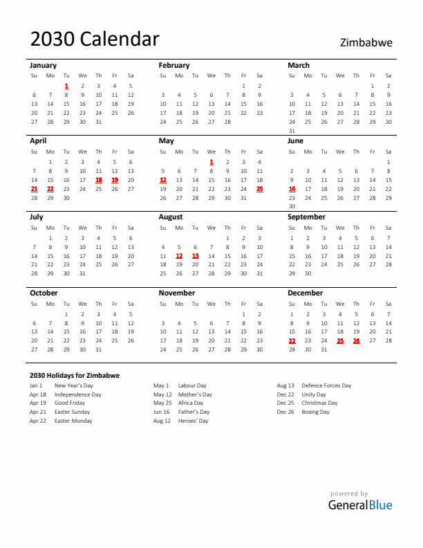 Standard Holiday Calendar for 2030 with Zimbabwe Holidays