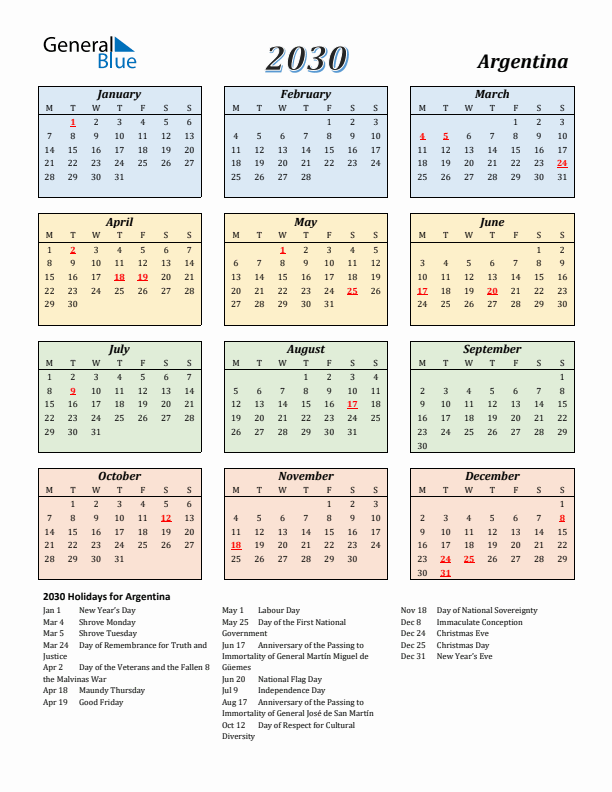 Argentina Calendar 2030 with Monday Start