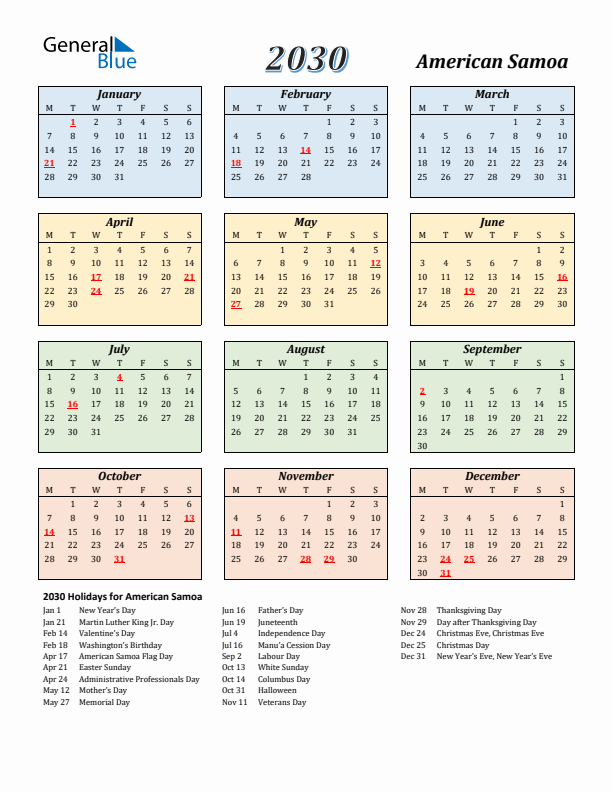 American Samoa Calendar 2030 with Monday Start