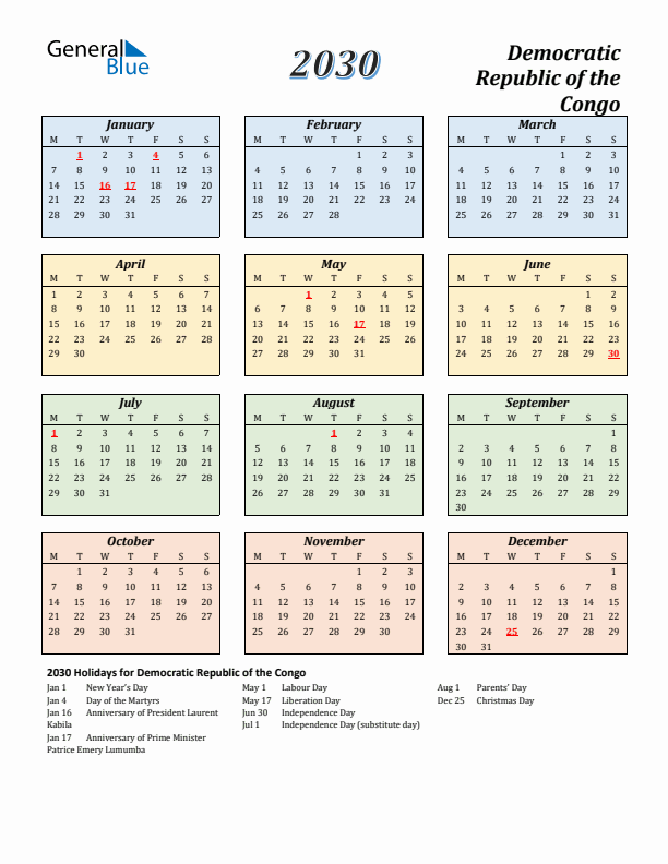 Democratic Republic of the Congo Calendar 2030 with Monday Start