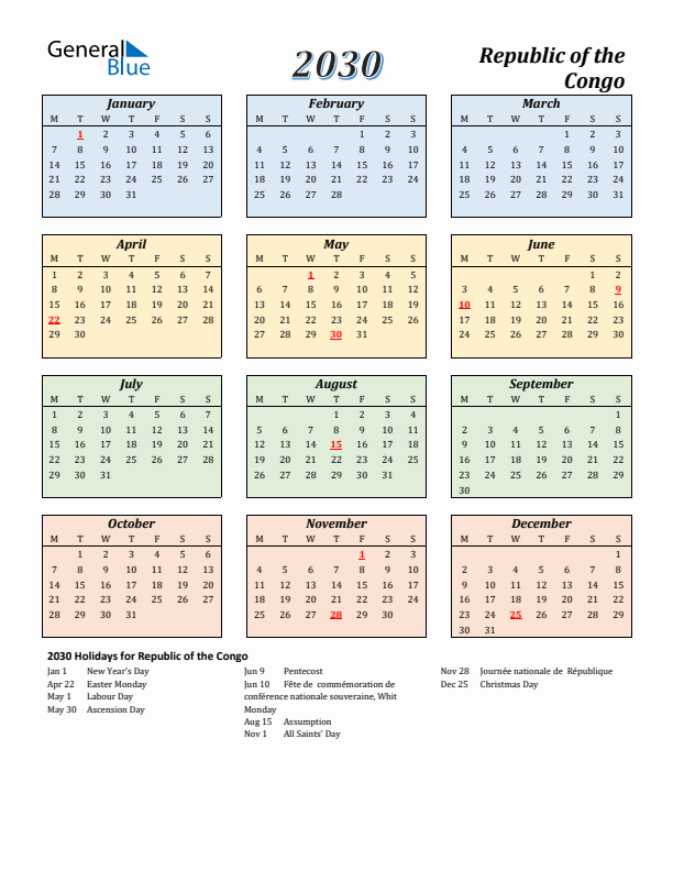Republic of the Congo Calendar 2030 with Monday Start