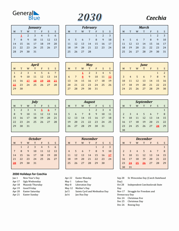 Czechia Calendar 2030 with Monday Start