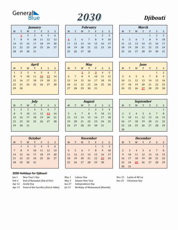 Djibouti Calendar 2030 with Monday Start