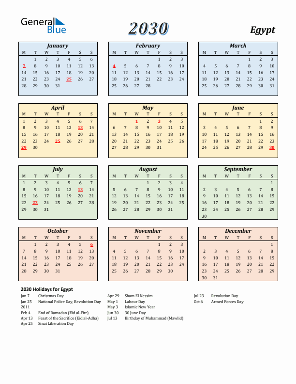 Egypt Calendar 2030 with Monday Start