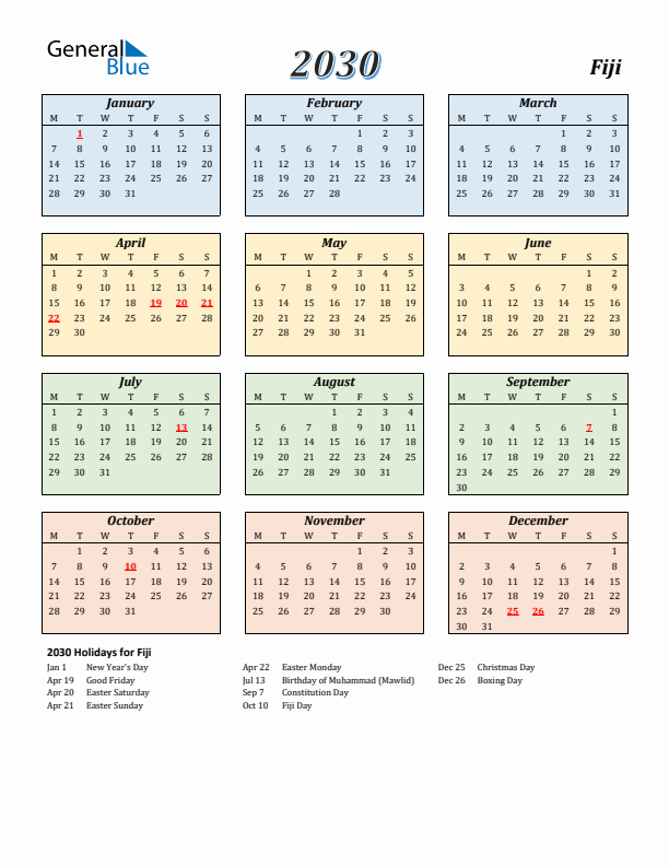 Fiji Calendar 2030 with Monday Start