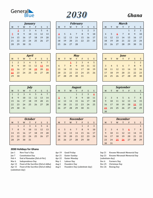 Ghana Calendar 2030 with Monday Start