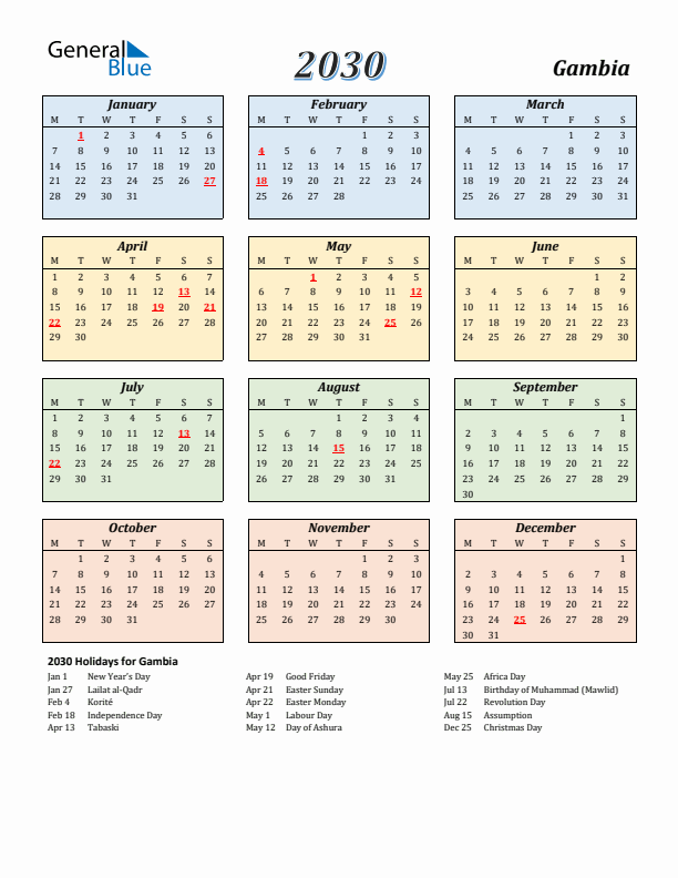 Gambia Calendar 2030 with Monday Start