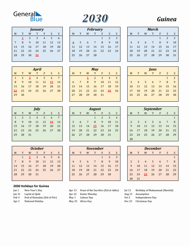 Guinea Calendar 2030 with Monday Start