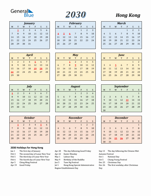 Hong Kong Calendar 2030 with Monday Start