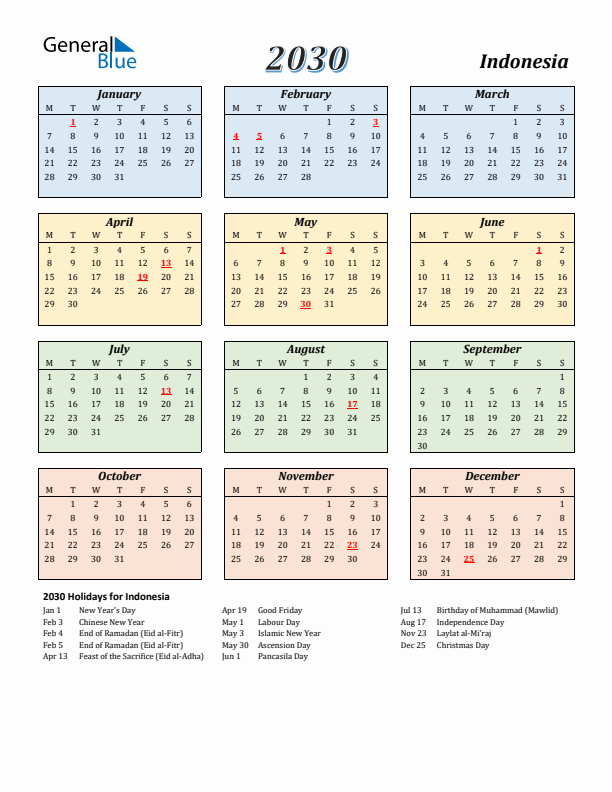 Indonesia Calendar 2030 with Monday Start