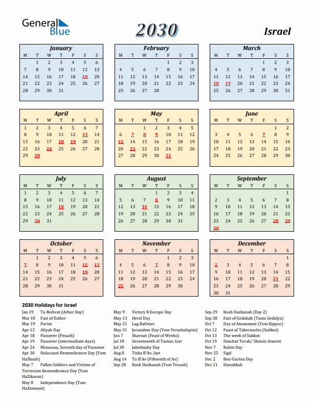 Israel Calendar 2030 with Monday Start