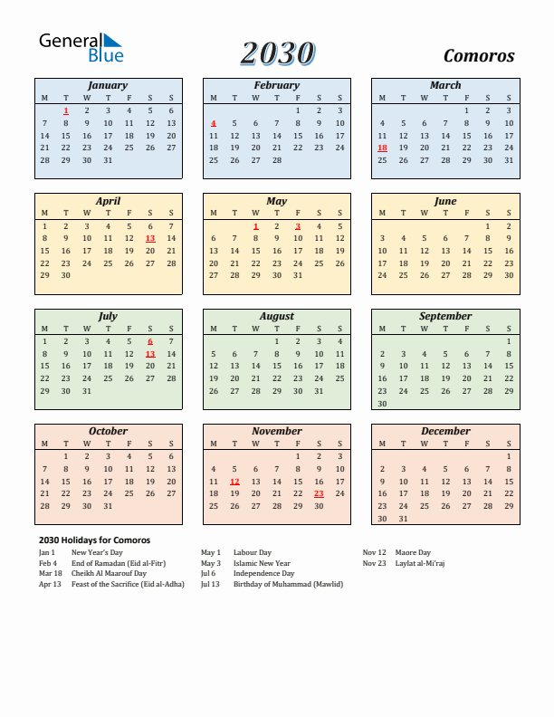 Comoros Calendar 2030 with Monday Start