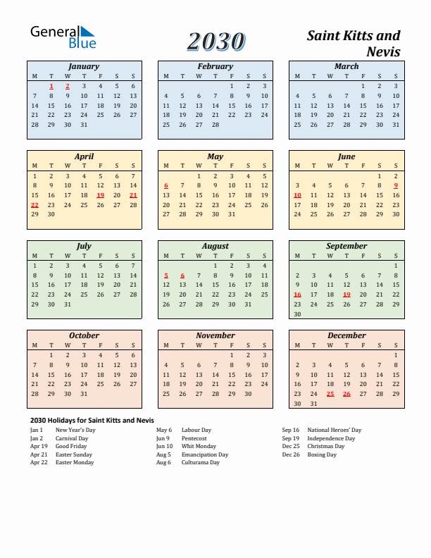 Saint Kitts and Nevis Calendar 2030 with Monday Start