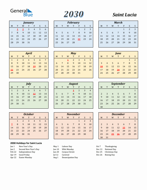 Saint Lucia Calendar 2030 with Monday Start