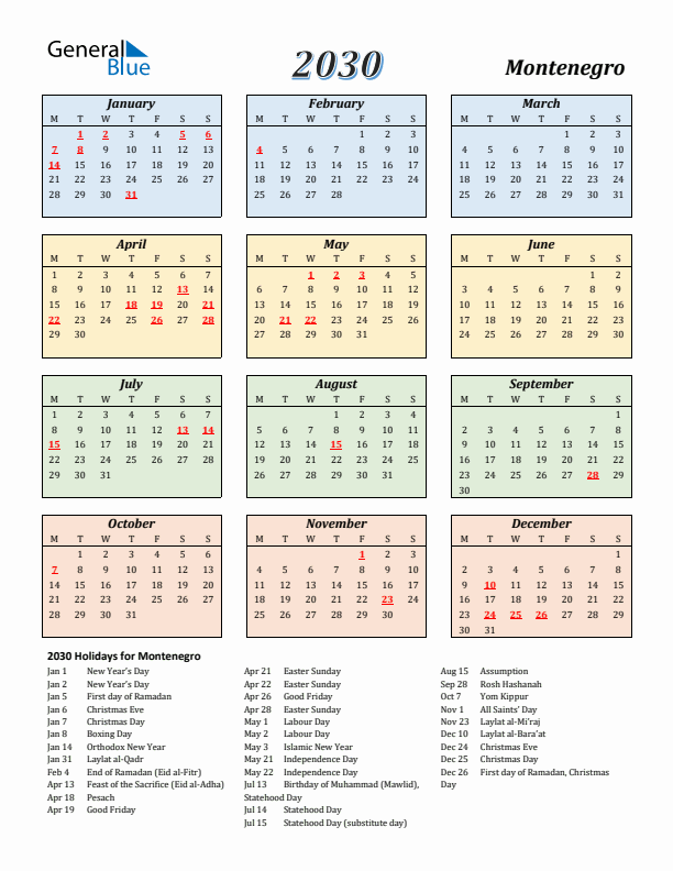 Montenegro Calendar 2030 with Monday Start