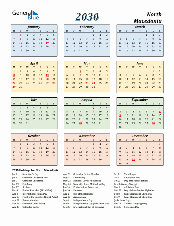 North Macedonia Calendar 2030 with Monday Start