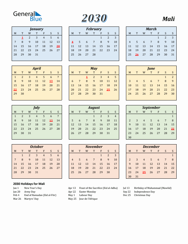 Mali Calendar 2030 with Monday Start
