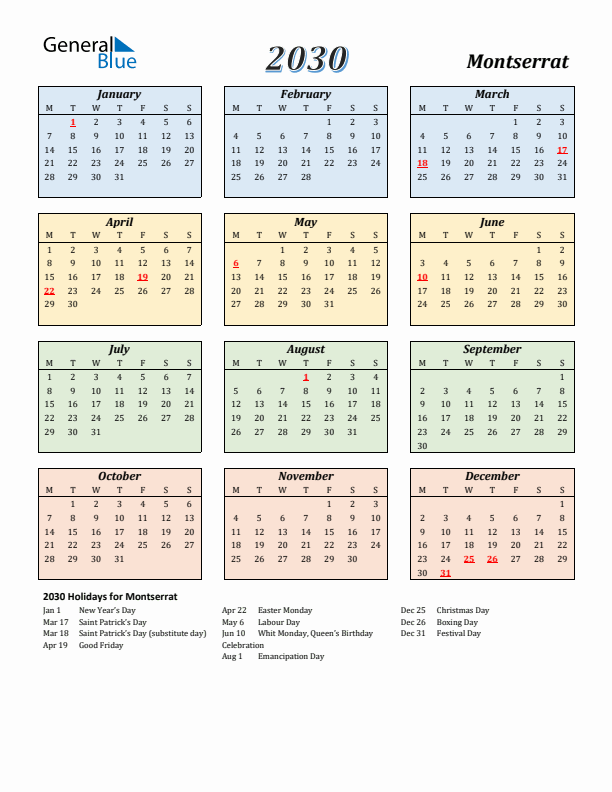 Montserrat Calendar 2030 with Monday Start