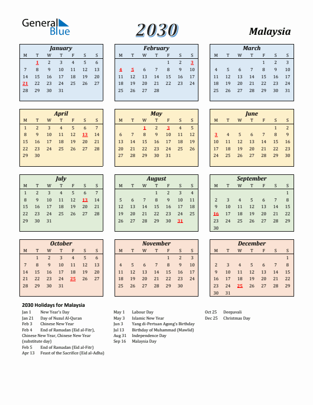 Malaysia Calendar 2030 with Monday Start