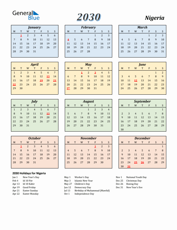 Nigeria Calendar 2030 with Monday Start