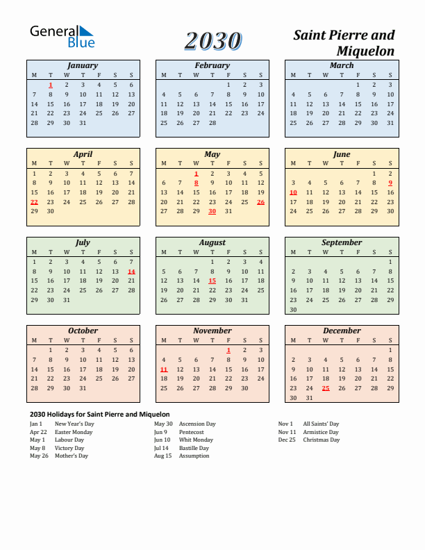 Saint Pierre and Miquelon Calendar 2030 with Monday Start