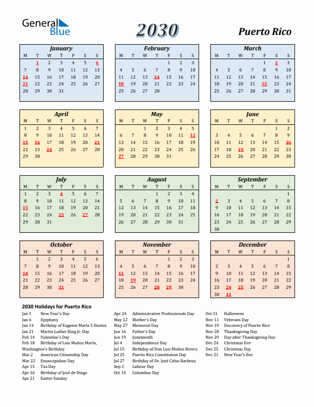 Puerto Rico Calendar 2030 with Monday Start