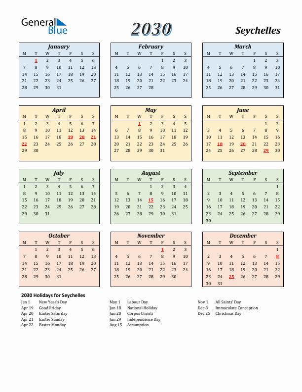 Seychelles Calendar 2030 with Monday Start