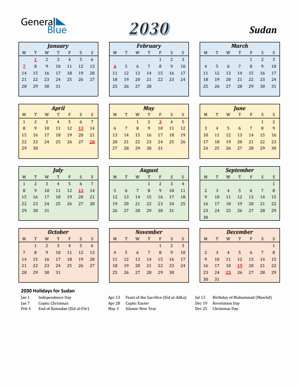 Sudan Calendar 2030 with Monday Start